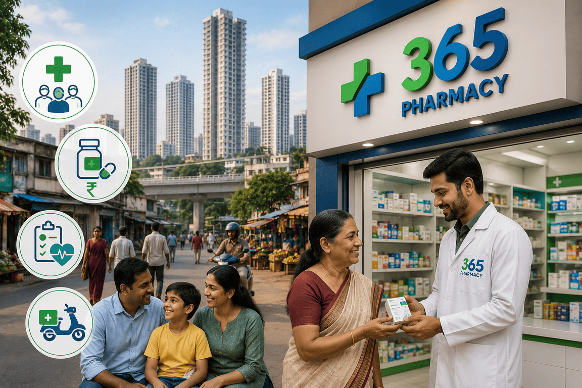 Pharmacist providing affordable healthcare and medicines to families in urban Maharashtra