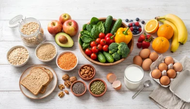 Balanced nutrition with fruits vegetables whole grains and protein foods